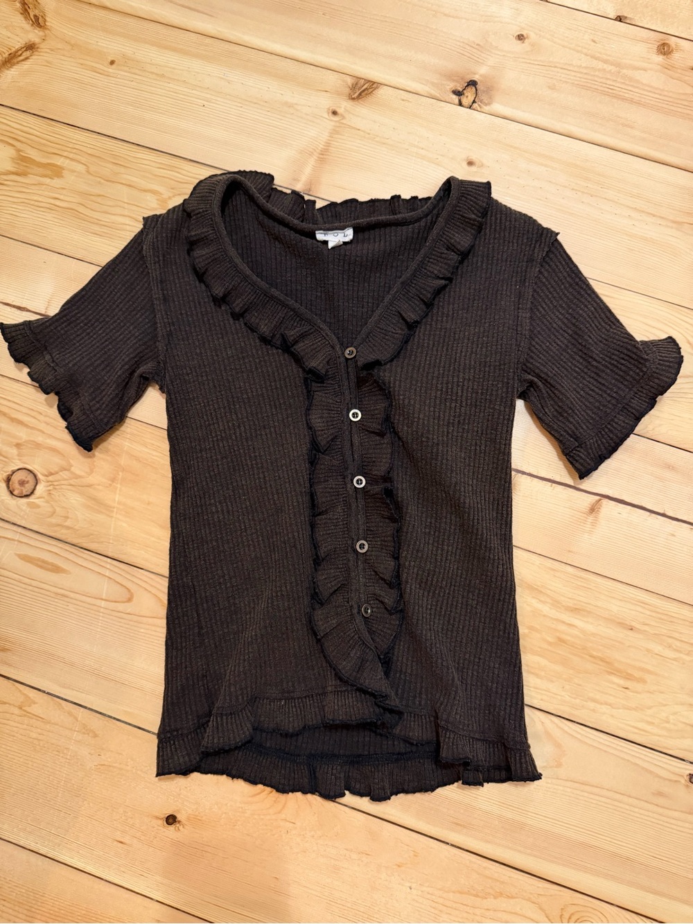 POL Black Ruffle Button Front Waffle Knit Top Bell Sleeve Size Small